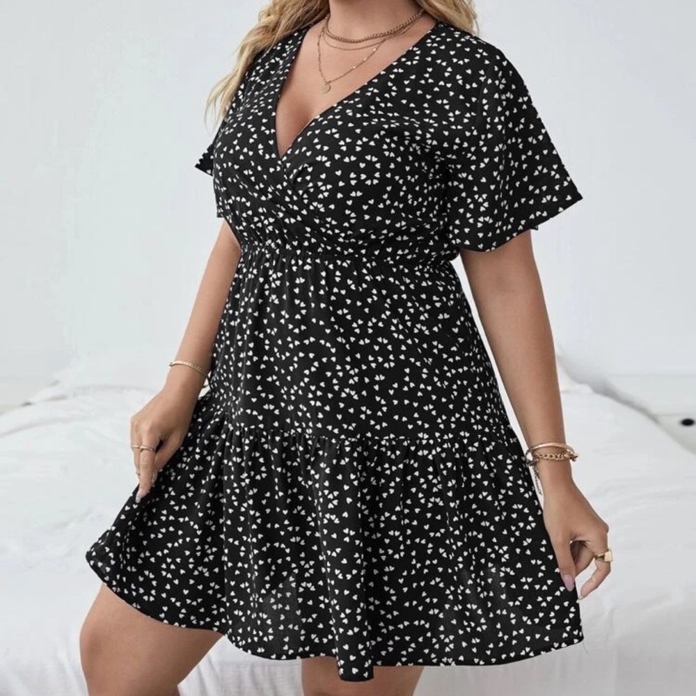 Boho ruffle frill short sleeve heart print v neck dress light blue - Picture 9 of 11